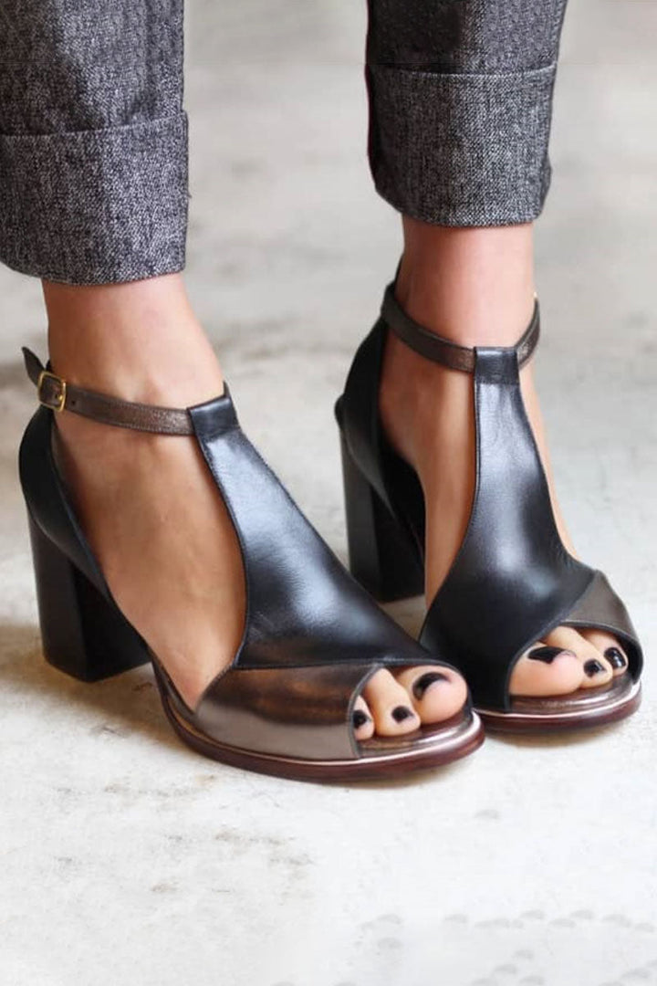 Anyao™ | Heeled Sandals with Open Toe in Black Patchwork