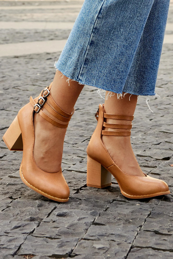 Caa™ | Smooth Leather Sandals with Ankle Strap and Wide Heel