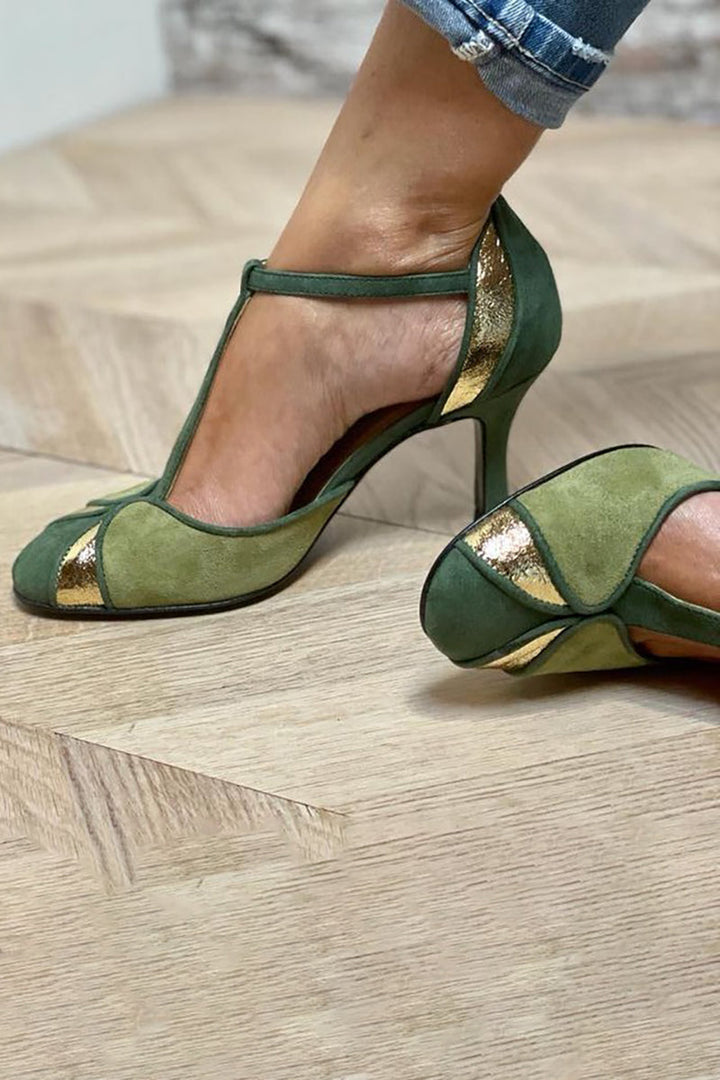 Alona™ | Patchwork Heels with T-Strap and Closed Toe