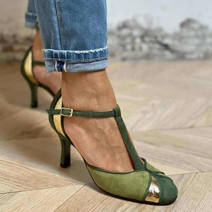 Alona™ | Patchwork Heels with T-Strap and Closed Toe