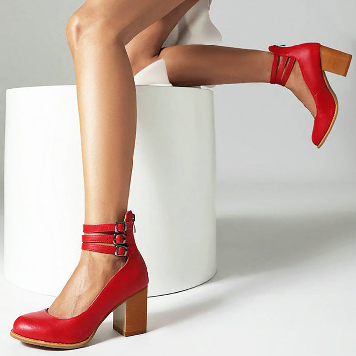 Caa™ | Smooth Leather Sandals with Ankle Strap and Wide Heel