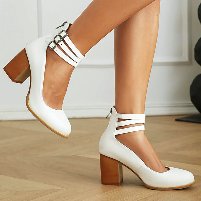 Caa™ | Smooth Leather Sandals with Ankle Strap and Wide Heel